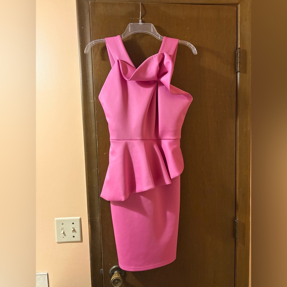Black Halo Eve pink ruffle sheath dress